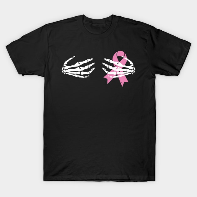 Breast Cancer Awareness Skeleton Hands Pink Ribbon T-Shirt by ButterflyX